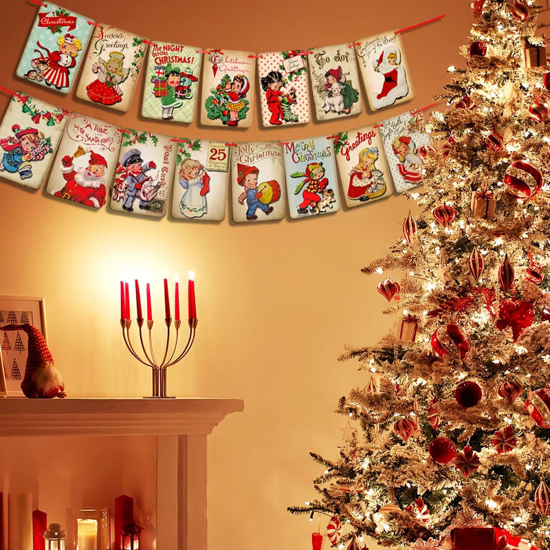 15er Set Vintage Weihnachten Banner Girlande aus Papier in Mehrfarbig für deine Weihnachtsdekoration - Bild 4