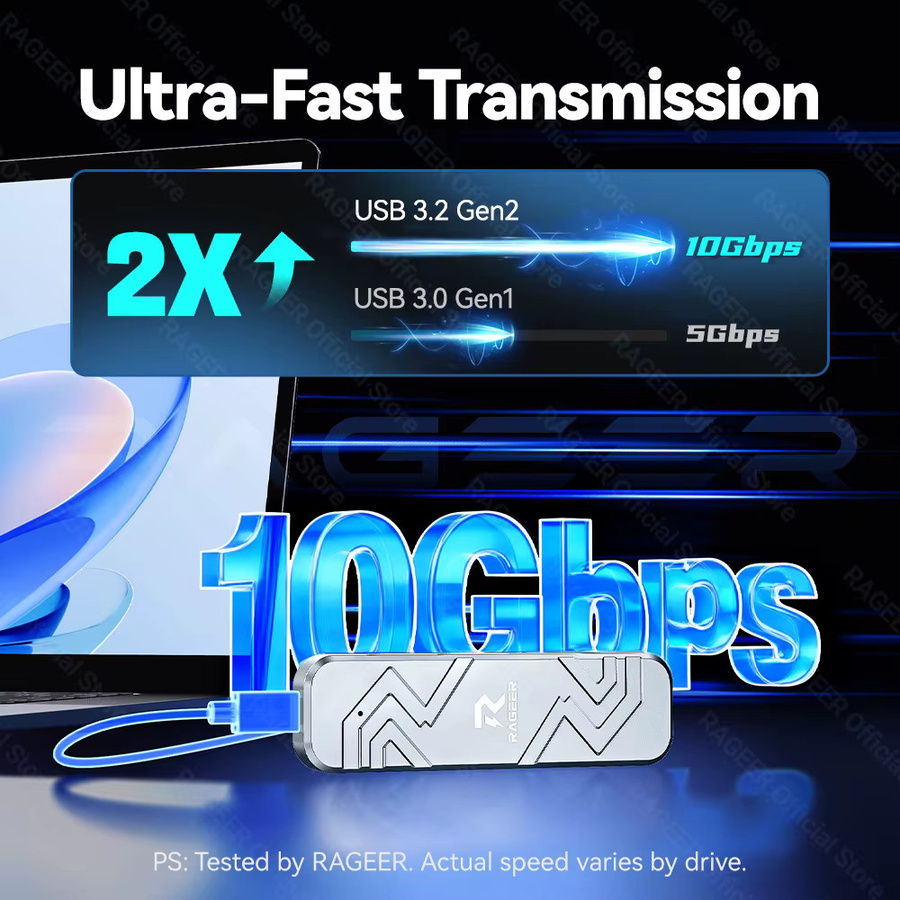 RAGEER M.2 NVMe SSD-Gehäuse mit 10 Gbit/s USB 3.2 Gen2 Aluminiumgehäuse in Silber inklusive USB-A auf USB-C und USB-C auf USB-C Kabeln - Bild 2
