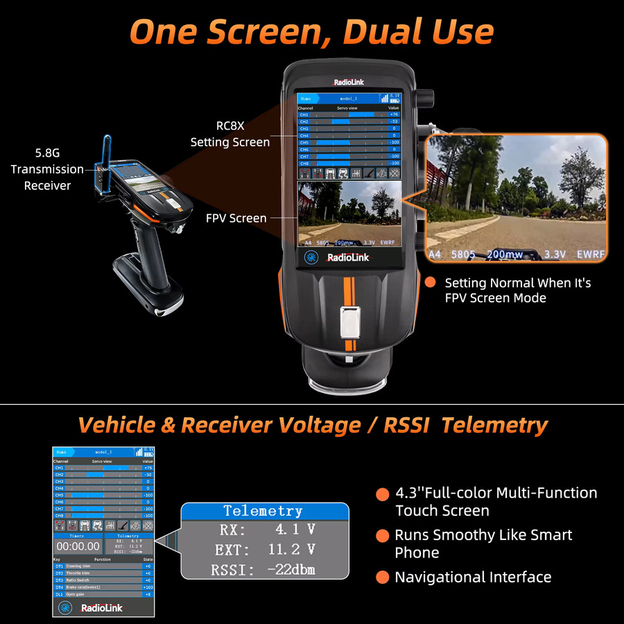 Radiolink RC8X 8-Kanal 2,4G RC-Sender mit R8FG V2.1 Gyro-Empfänger, Einhand-Steuerung und Telefonhalterung für FPV-Bildschirm, Schwarz - Bild 3