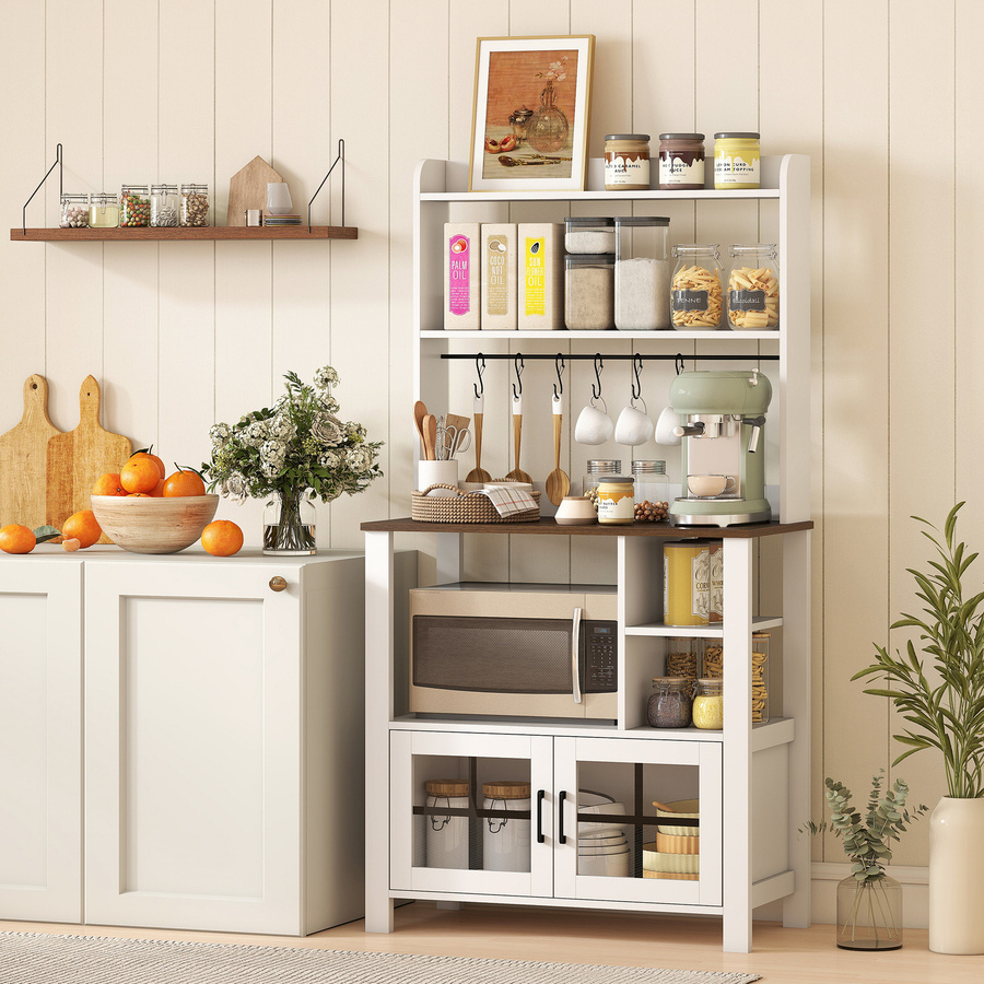 HOMCOM Küchenschrank in Weiß mit 2 Glastüren, offenen Regalen und 6 Tassenhaken, B/T/H: 80 x 40 x 152 cm, Aosom - Bild 2