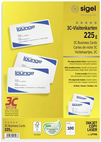 Sigel LP798 Bedruckbare Visitenkarten Hochweiß, 100 Stück, Format: 85 x 55 mm - Bild 1