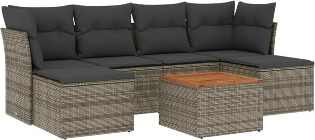 vidaXL 7-teilige Garten-Sofagarnitur in L-Form aus grauem Poly-Rattan mit wetterfesten Kissen und pulverbeschichtetem Stahlgestell - Bild 1