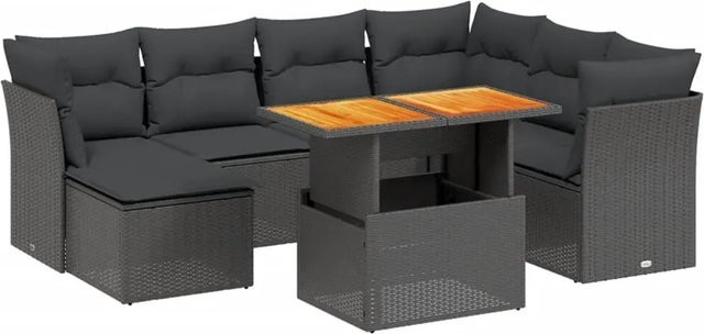vidaXL 8-teilige Garten-Sofagarnitur in L-Form aus schwarzem Poly-Rattan mit Kissen und pulverbeschichtetem Stahlrahmen - Bild 1