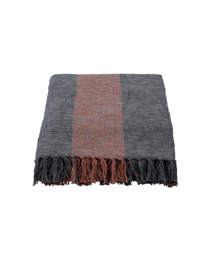 House Doctor Plaid Ponra handgewebte Baumwoll-Decke gestreift Khaki Rot B/H: 180 x 130 cm - Bild 1