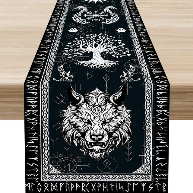 JMG Household Supplies Tischläufer aus Leinen in Schwarz mit Nordischer Wikinger Mythologie Baum und Krähen Motiv, B/H: 150 x 33 cm - Bild 1