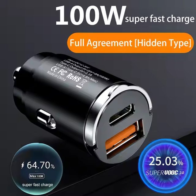 100W QC3.0 PD Autoladegerät mit 2 USB-C Ports für 12-24V Zigarettenanzünder, Schnellladegerät in Schwarz - Bild 1