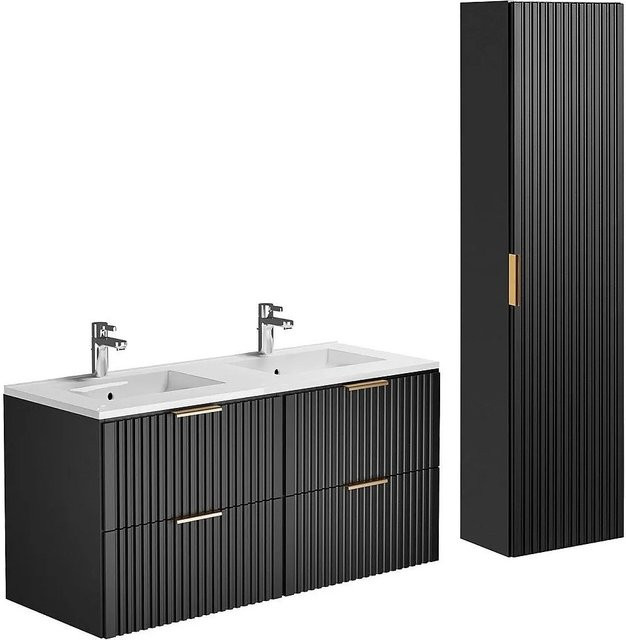 Vente-unique Badmöbel-Set Zevara Schwarz mit Waschbeckenunterschrank, Einbauwaschbecken und Badhochschrank in Streifenoptik, Breite: 120 cm - Bild 1