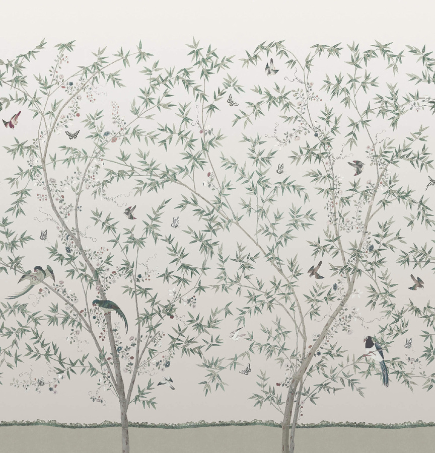 Little Greene Mural Belton Scenic Tapete in Oyster mit floralem Naturmotiv und Tieren in Multicolour und Grau - Bild 2