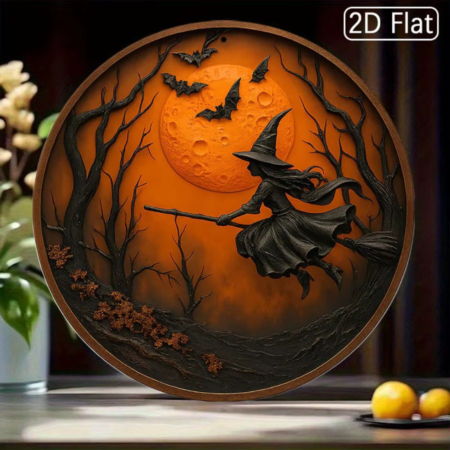HELLOYOUNG Halloween Metalldekor aus Aluminium mit Hexe auf Besenstiel, Vollmond und Fledermäusen, rundes Wandschild, Durchmesser: 20,3 cm - Bild 2