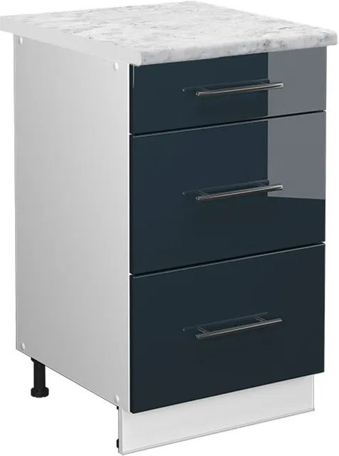 Vicco Küchenschrank Fame-Line Schubladenunterschrank in Dunkelblau Hochglanz mit Arbeitsplatte in Weiß-Marmor, Breite: 50 cm, Höhe: 82 cm, Tiefe: 40,5 cm - Bild 1