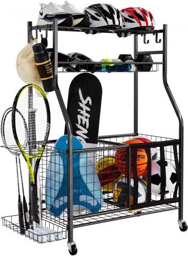 VEVOR Sports Equipment Organizer aus Stahl in Schwarz, Rollbarer Ball Storage Cart mit Körben und Haken für Garage und Outdoor, B/T/H: 115,6 x 41,5 x 41,5 cm - Bild 1