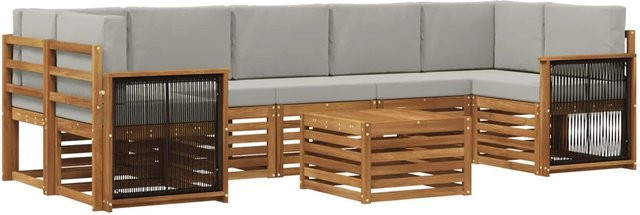 vidaXL Outdoor-Sofagarnitur L-Form aus Massivholz Akazie mit 8 Kissen in Natur und Hellgrau - Bild 1