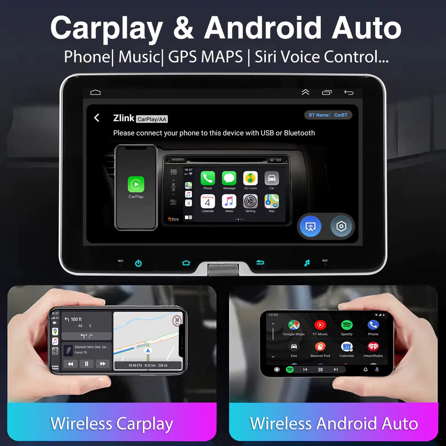 ESSGOO Universal Autoradio mit Android 15, 10.1 Zoll drehbarem Bildschirm, 8 Kern, 6+128GB, 4G, kabelloses CarPlay und Android Auto, GPS, Bluetooth, WiFi, Schwarz - Bild 2