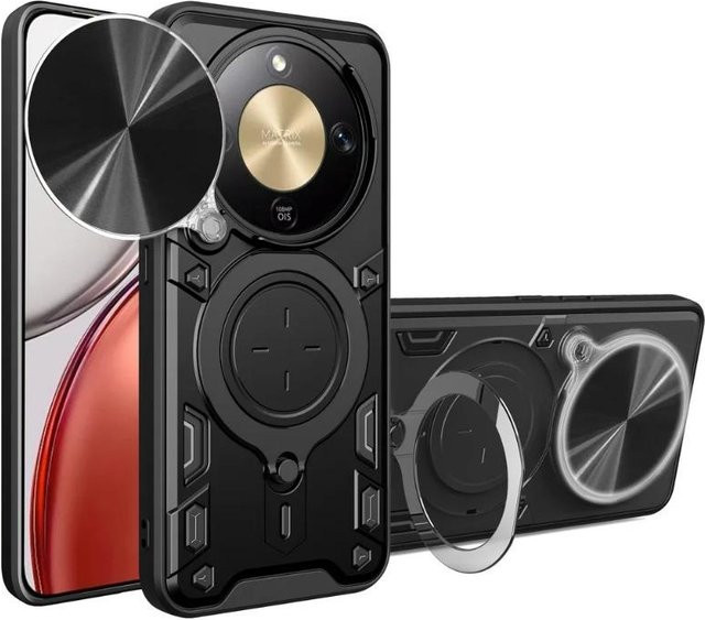 Heavy Duty Schutzhülle für Honor X9d 5G in Schwarz mit magnetischem Ringhalter und schiebbarer Linsenschutzabdeckung - Bild 1
