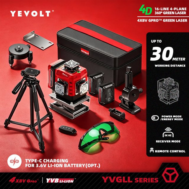 YEVOLT 16-Linien 4D Selbstnivellierender Kreuzlinienlaser in Grün und Rot für Haushalt, DIY und Bodenverlegung - Bild 1