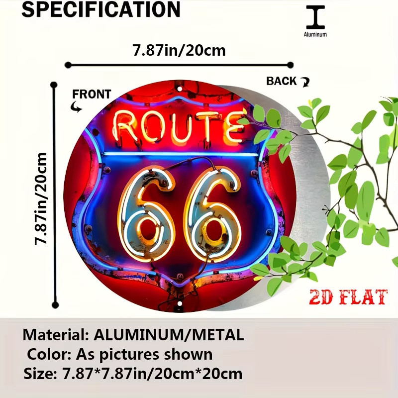 Potdemiel Route 66 Vintage-Leuchtreklame – Runde Aluminium-Wanddekoration im Americana Style, Mehrfarbig, Durchmesser: 20 cm - Bild 2