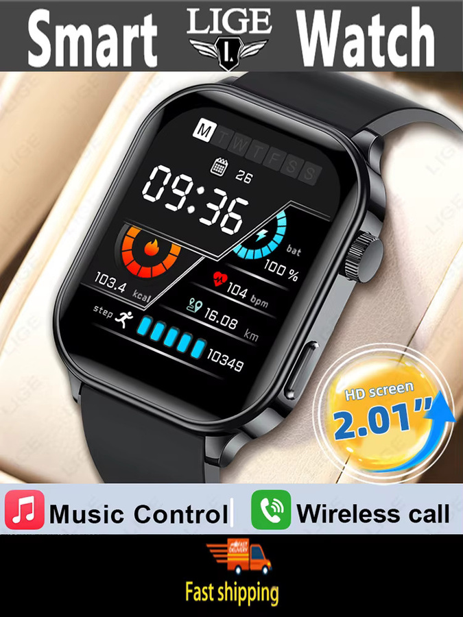 LIGE Smartwatch mit 2,01 Zoll Display, Bluetooth Anruffunktion, Herzfrequenz-Monitor und IP68 Wasserdichtigkeit, Farbe: Schwarz - Bild 7