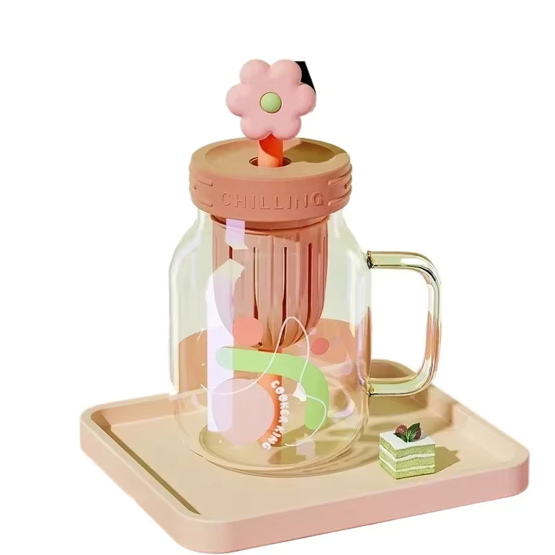 COOKER KING Glastasse mit Blumen-Strohhalm-Deckel und Teesieb, transparenter Wasserbecher in Blau, 800 ml - Bild 2