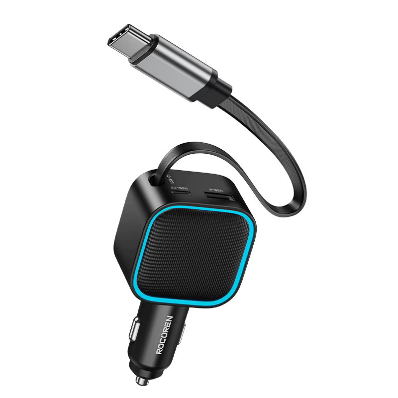 Rocoren 3-in-1 Einziehbares Autoladegerät PD 30W in Schwarz mit USB-Typ-C und 2C+A Anschlüssen - Bild 6