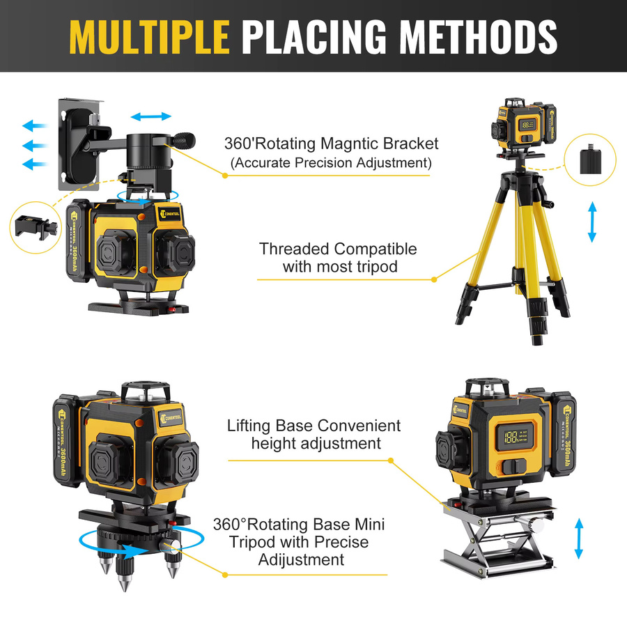 CONENTOOL Laser Level mit Stativ, multifunktionales 4D 16 Kreuzlinien Gerät mit 360 Grad Rotationsfenster, selbstnivellierend, Gelb, inklusive 2 Akkus und Ladegerät - Bild 2