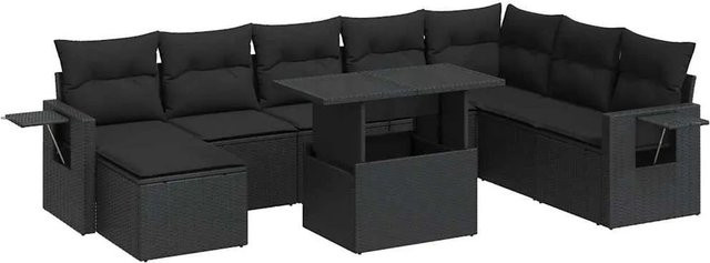 vidaXL 9-tlg Garten-Sofagarnitur in L-Form aus schwarzem Poly-Rattan mit Kissen und pulverbeschichtetem Stahlgestell - Bild 1