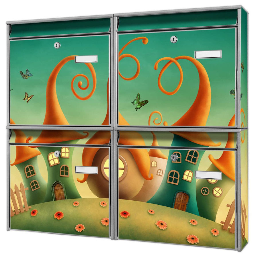 banjado Briefkastenanlage Burg Wächter für 4 Parteien in Silber mit Zwergenhaus Motiv, B/H/T: 64,5 x 72,5 x 10 cm, verzinkt und lackiert - Bild 1