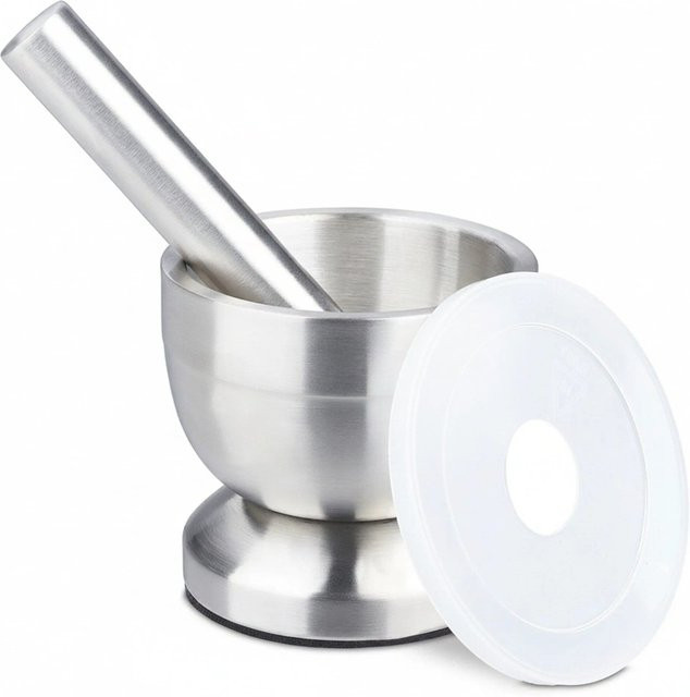 Relaxdays Mörser mit Stößel aus Edelstahl in Silber, rutschfest, Durchmesser: 9 cm, Höhe: 10 cm - Bild 1