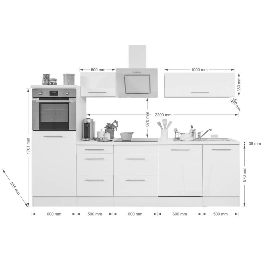 Respekta Küchenblock Premium in Schwarz hochglänzend aus MDF mit Soft-Close-Türen und Schubladen, B/H/T: 280 x 200 x 60 cm - Bild 1