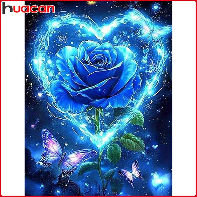 Huacan Diamantstickerei Set mit blauen Rosen und Schmetterlingen, rundes Diamantgemälde zur Heimdekoration - Bild 1