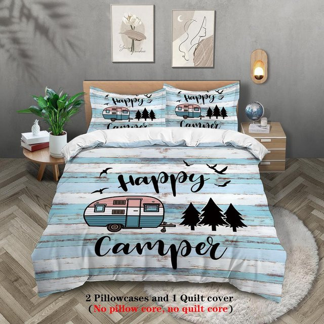 Bettwäsche-Set Happy Camper von Your Warm Home mit Motivdruck, 1 Bettbezug und 2 Kissenbezügen, Mehrfarbig, B/H: 203 x 229 cm - Bild 1