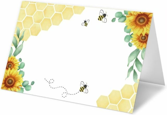 Cartoon Sonnenblume und Biene Tischkarten aus Papier für Hochzeit, Geburtstag oder Party in Gelb - Bild 1