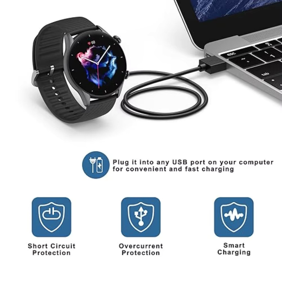Ersatzladegerät für Amazfit Smartwatches GTR3, GTR3 Pro, GTS3, T-Rex 2, GTR4, GTS4 und T-Rex Ultra USB Ladestation in Schwarz - Bild 5