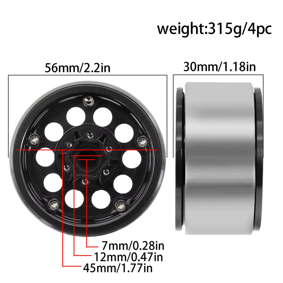 Aluminium Classic 1,9 Beadlock Räder Felge, 4-teiliges Set, Schwarz, Metall - Bild 1