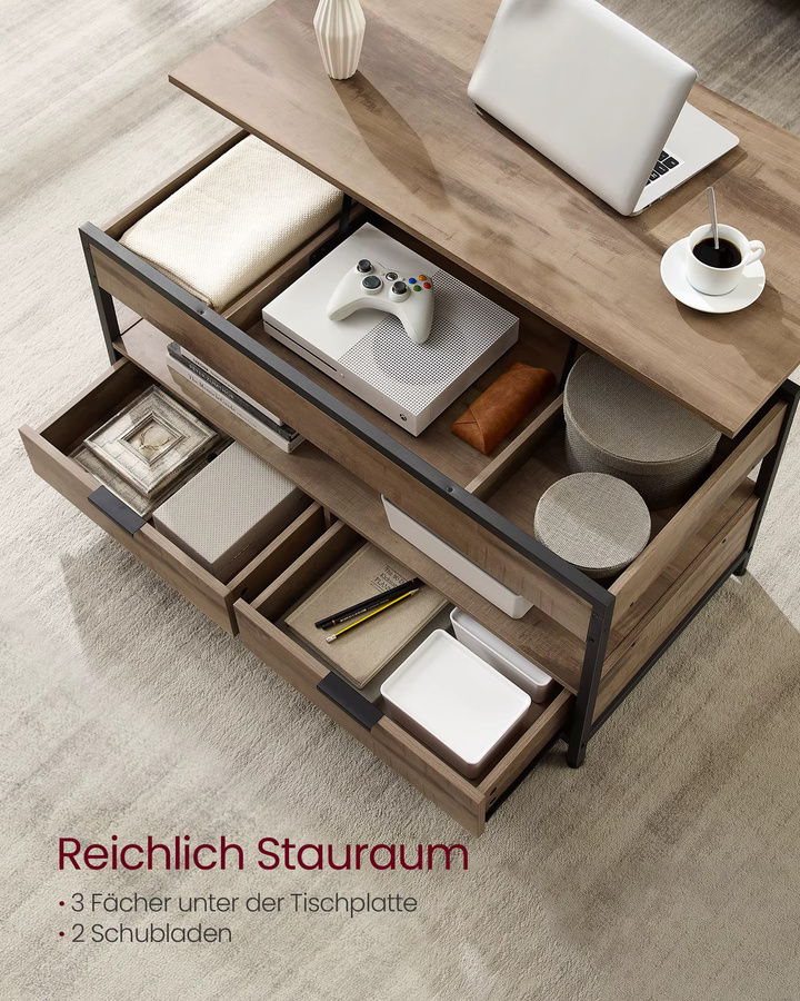 VASAGLE Couchtisch höhenverstellbar in Schwarz und Braun mit Schubladen und offenem Fach, B/T/H: 100 x 50 x 48-63 cm - Bild 3