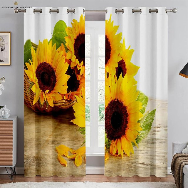 Yiran Furniture Sonnenblumen-Vorhänge im Retro-Blumendruck, 2er-Set im Pastoralstil, halbtransparent, B: 50 cm, H: 130 cm - Bild 1