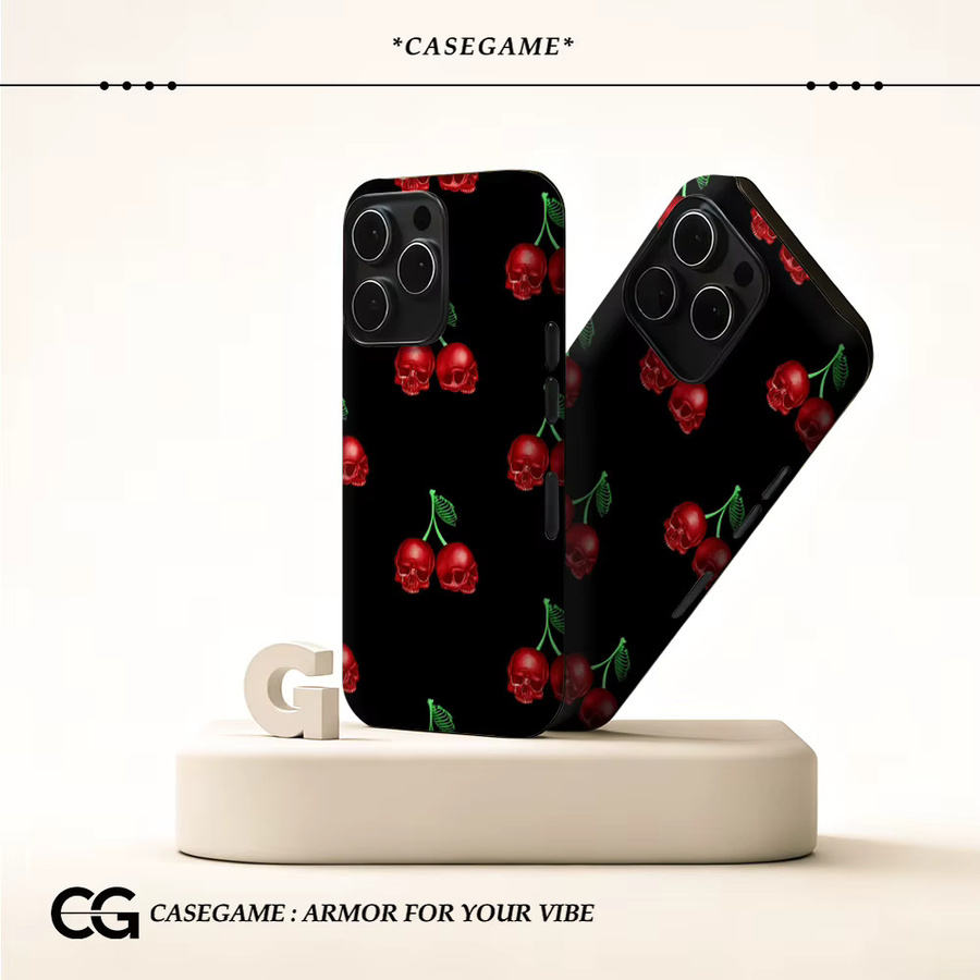 Potdemiel Magnetische Tough Handyhülle Gothic Cherry Skulls für iPhone 17 16 15 14 13 Pro Max Plus, Schwarz - Bild 2