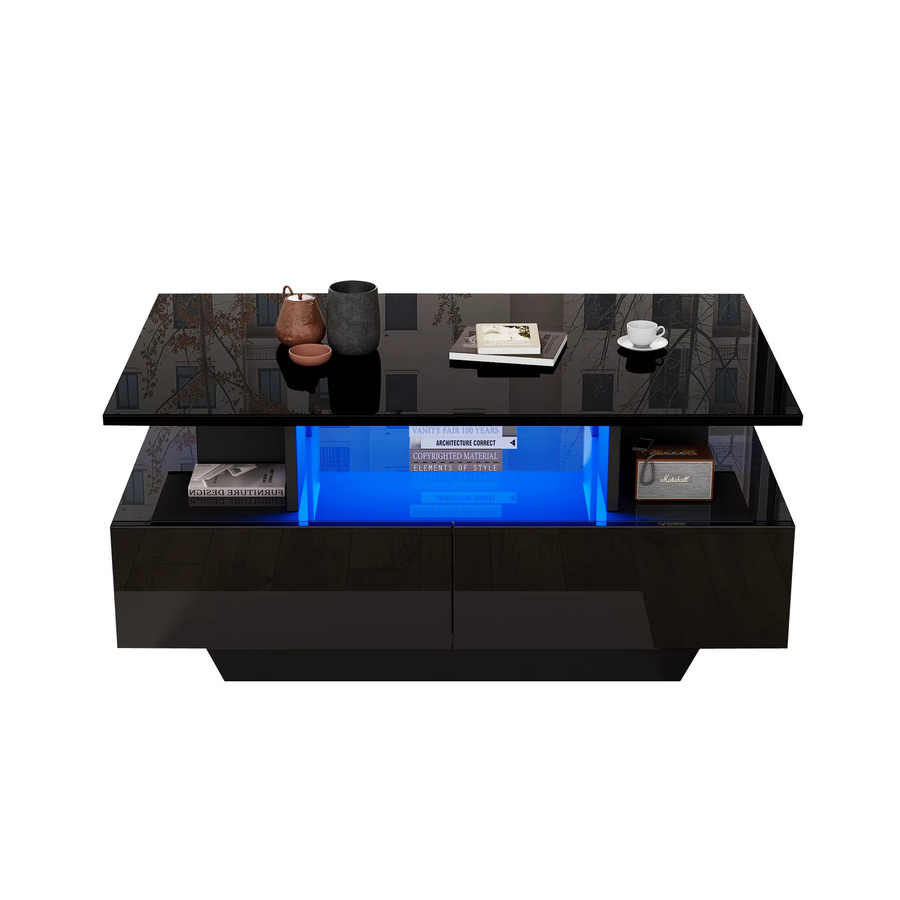 Svintora LED-Couchtisch in Schwarz mit Hochglanz-Finish, Farbwechsel-Beleuchtung und großem Stauraum durch Liftmechanismus - Bild 4
