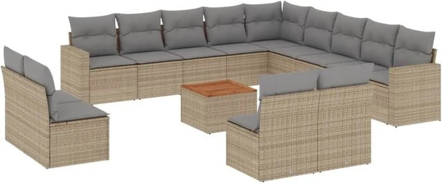 vidaXL 14-teilige Garten-Sofagarnitur aus Poly-Rattan und Akazienholz in Beige-grau mit Kissen - Bild 1