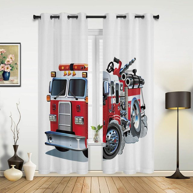Modernes Vorhangset mit Cartoon-Feuerwehrauto-Muster in Rot und Weiß von Household supplies MH, Breite: 135 cm, Höhe: 60 cm - Bild 1