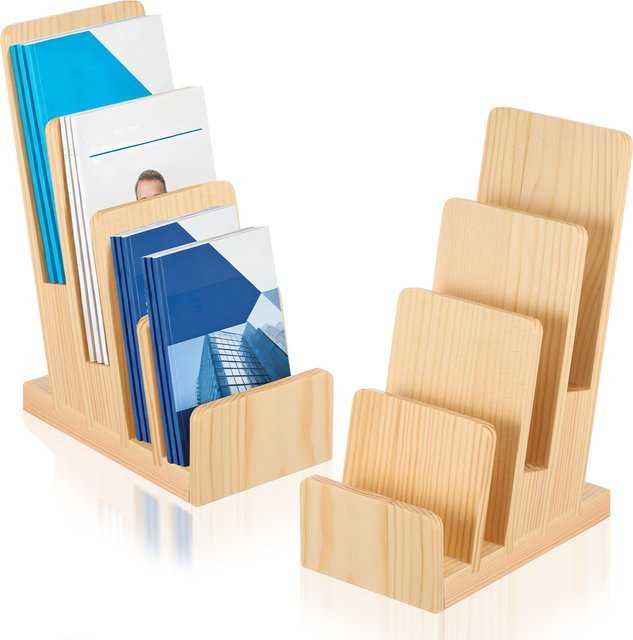 2er-Set Willstar 4-stufiger Holz-Broschürenständer in Braun als Theken-Aufsteller für Flyer und Visitenkarten - Bild 1