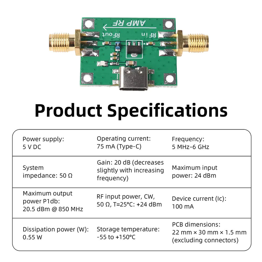 CUGUU Breitband-HF-Leistungsverstärkermodul SBB5089 5MHz-6GHz mit 20dB Verstärkung und USB-C Anschluss in Grün - Bild 2