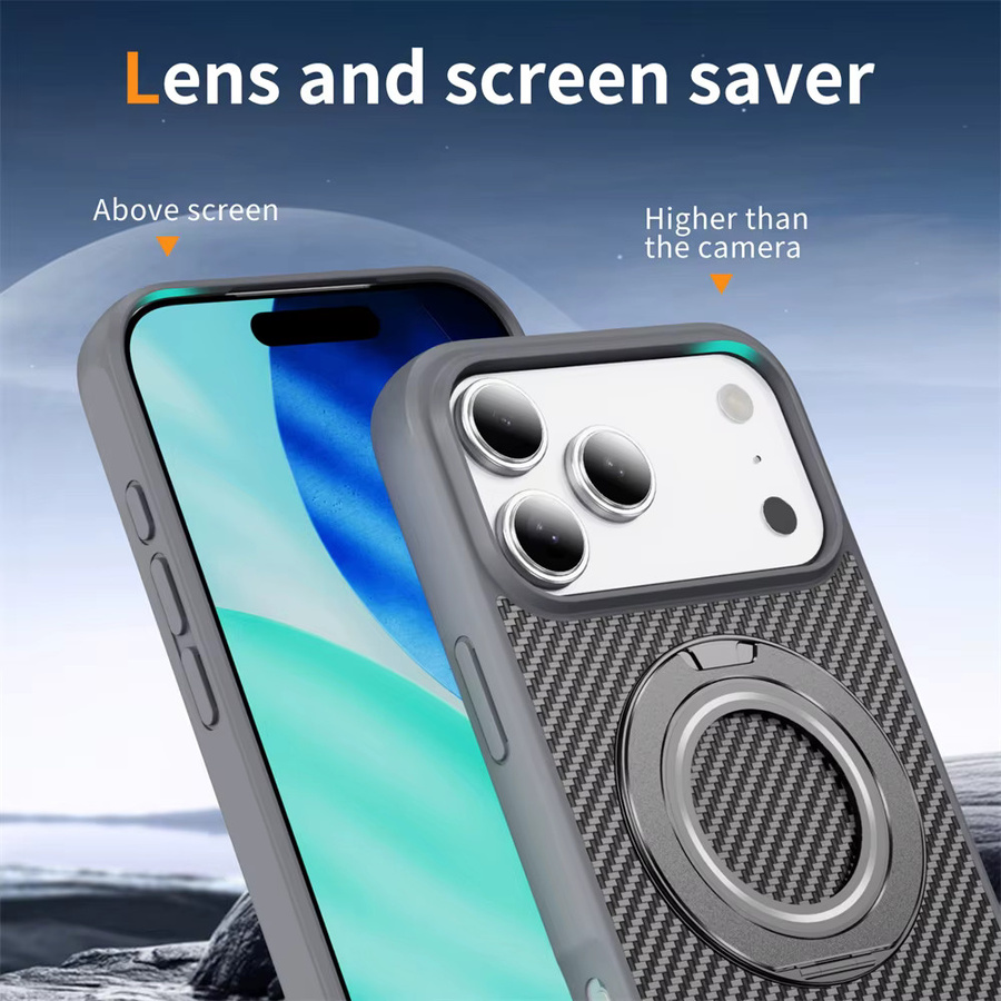 Magnetische Handyhülle mit 360 Grad rotierender Halterung für Apple iPhone 17 Air 16 15 14 13 12 Pro Max in Black mit Kohlefaser-Schutz - Bild 5