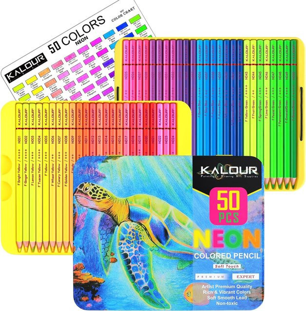 KALOUR 50 Neon-Buntstifte Set mit weichem Kern, fluoreszierende farbige Zeichenstifte in Multicolor für Künstler und Erwachsene - Bild 1