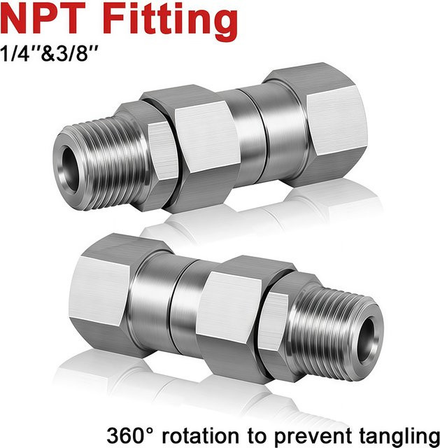 Hochdruckreiniger-Drehgelenk 3/8 Zoll und 1/4 Zoll NPT mit 4500 PSI und 360-Grad-Drehfunktion in Silber für einen Anti-Tangle-Schlauchanschluss bei der Autowäsche - Bild 1