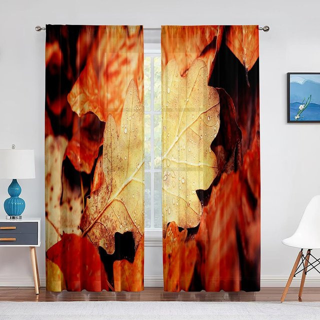 Transparenter Tüllvorhang mit herbstlichem Ahornblatt-Design in Orange von Super Six, Breite: 100 cm, Höhe: 250 cm - Bild 1