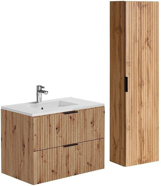 Vente-unique Badmöbel-Set Zevara in Naturfarben Hell mit Waschbeckenunterschrank, Einbauwaschbecken und Badhochschrank in Streifenoptik, Breite: 80 cm - Bild 1