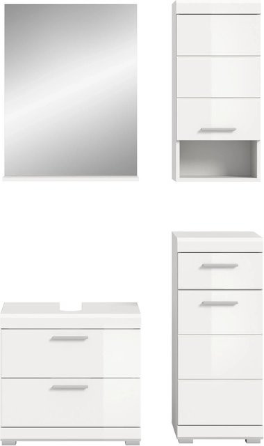 4-teilige Badkombination Xonox in Weiß Hochglanz mit Spiegel, Unterschrank, Hochschrank und Wandschrank, B/H/T: 112 x 191 x 34 cm - Bild 1