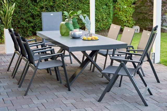 Hartman Garten-Essgruppe Xanadu Aruba in Xerix/Anthrazit aus Aluminium und Glaskeramik mit 6 Stapelsesseln und 2 Klappstühlen, Tisch erweiterbar, B/T: 220 x 100 cm bis 280 x 100 cm - Bild 1