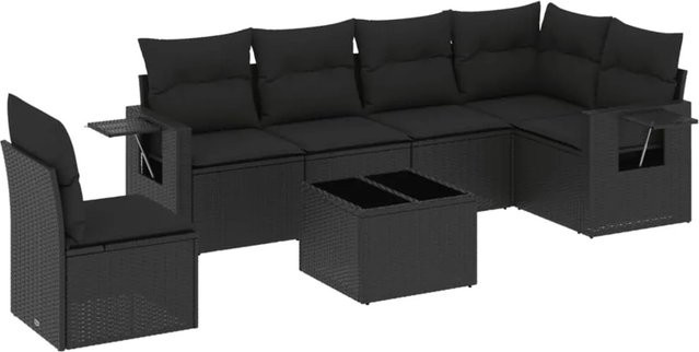 vidaXL 7-tlg. Garten-Sofagarnitur in L-Form aus schwarzem PE-Rattan mit Kissen und pulverbeschichtetem Stahlgestell - Bild 1