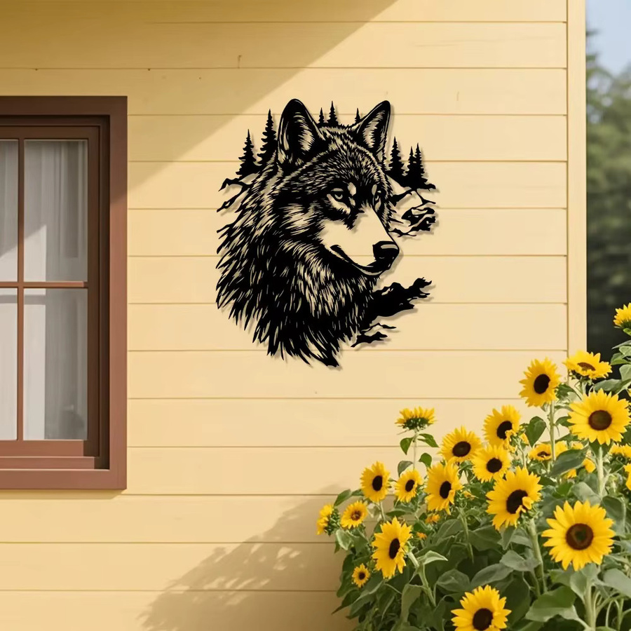 CIFBUY Vintage Wolf 3D Metall-Wandkunst mit Kiefern und Schneeberg in Schwarz - Bild 2